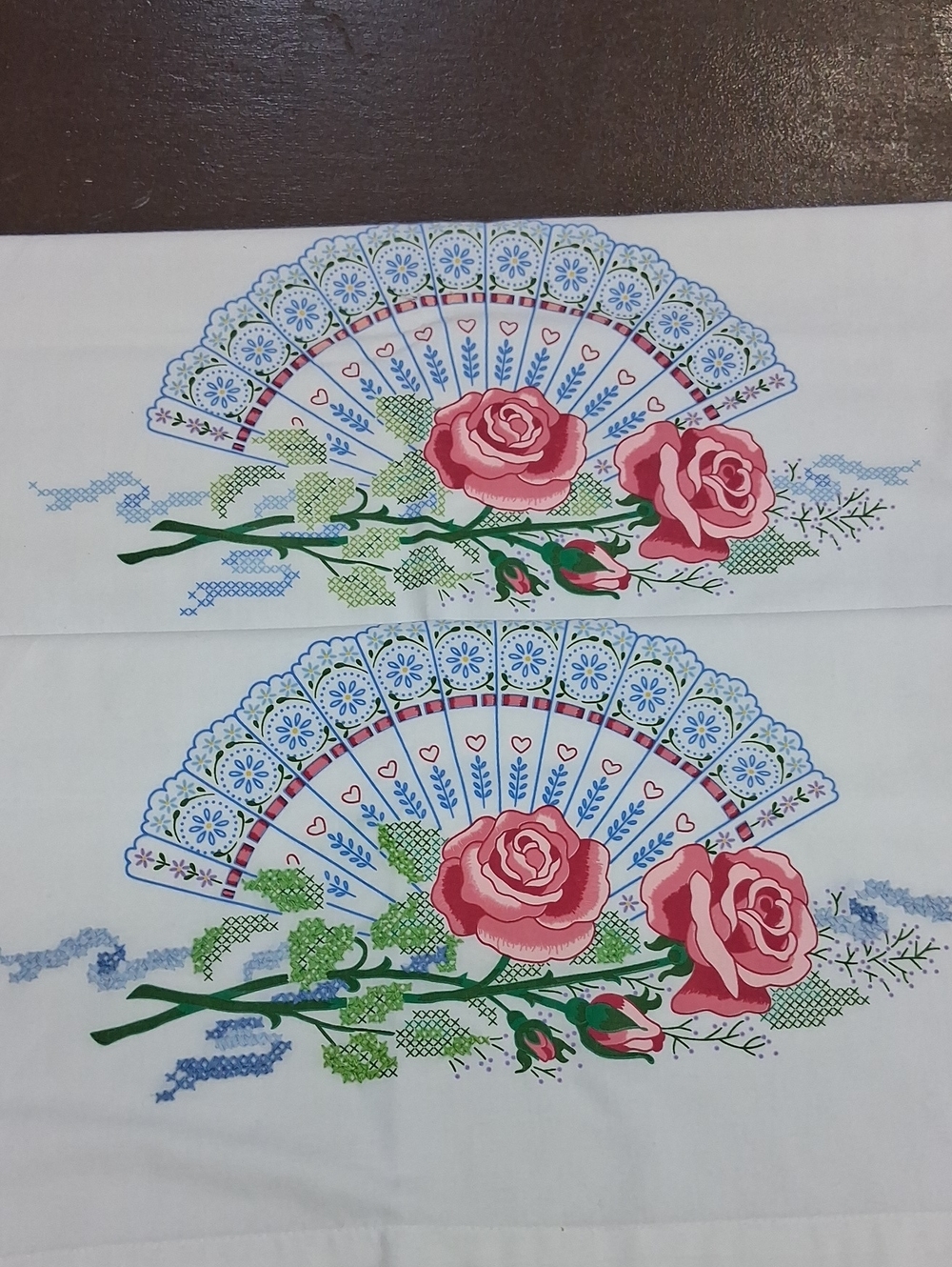 Pair of beautiful rose & Victorian fan pattern pillowcases cottage core estate